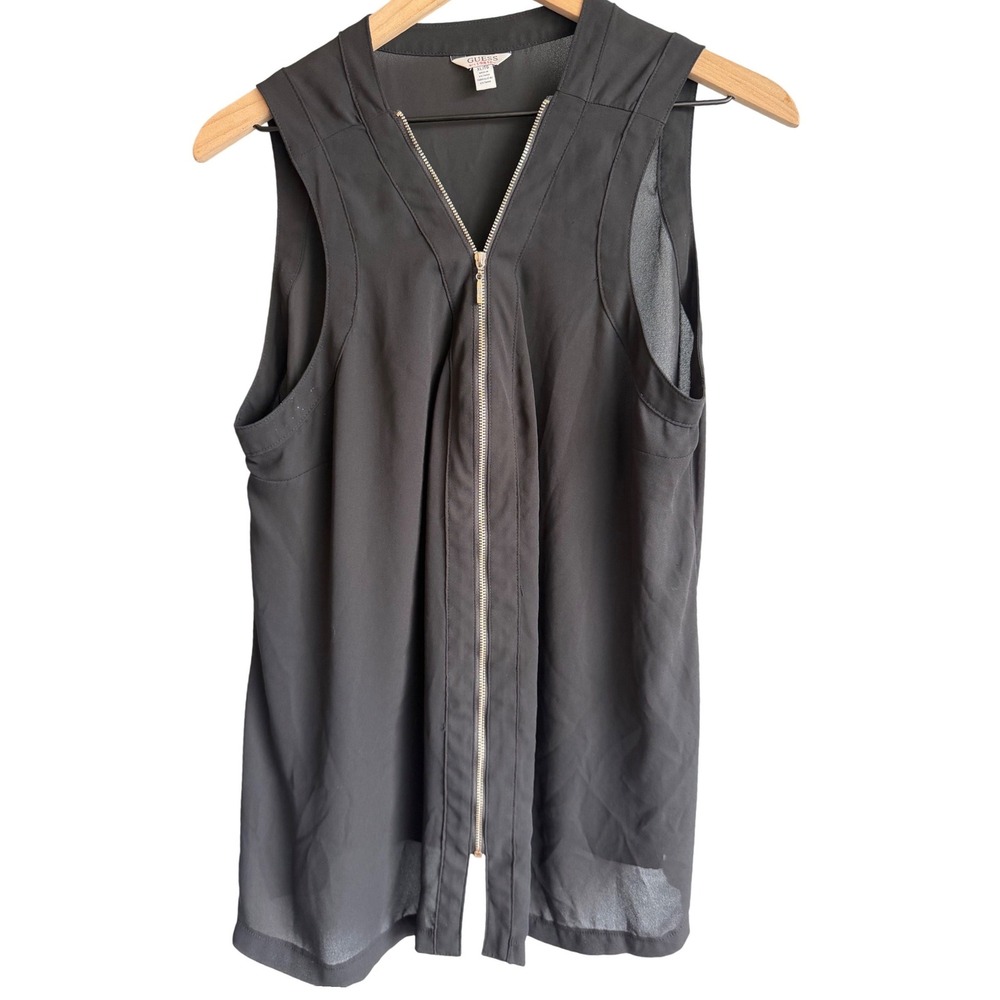 Guess Black Sheer Sleeveless Zip Front Blouse Top XL Minimalist Grunge Biker